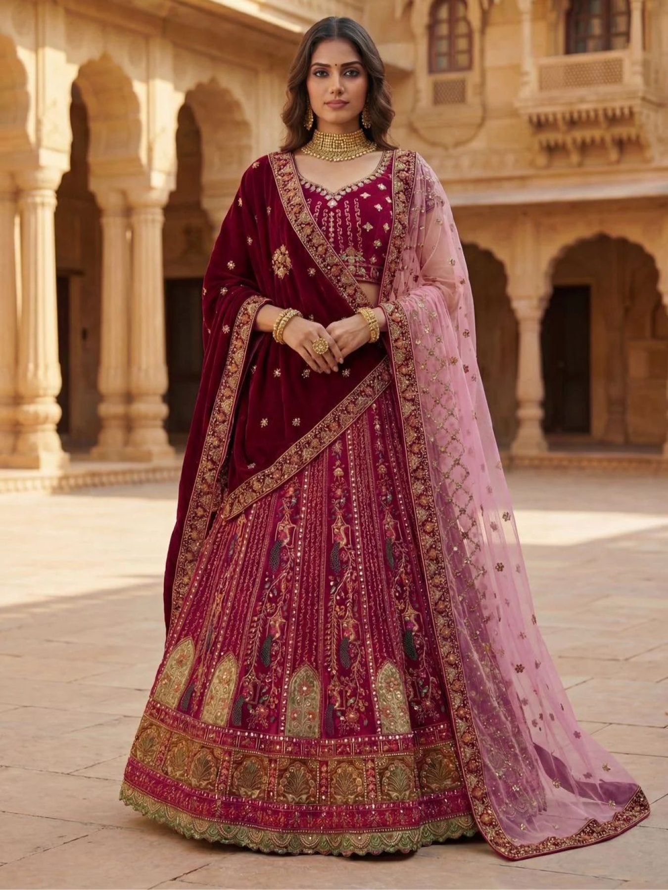 Durable Velvet Bridal Lehenga with Zari and Mirror Work for Wedding Wear front view