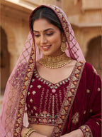 Durable Velvet Bridal Lehenga with Zari and Mirror Work for Wedding Wear full drape view