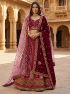 Durable Velvet Bridal Lehenga with Zari and Mirror Work for Wedding Wear blouse and dupatta detail