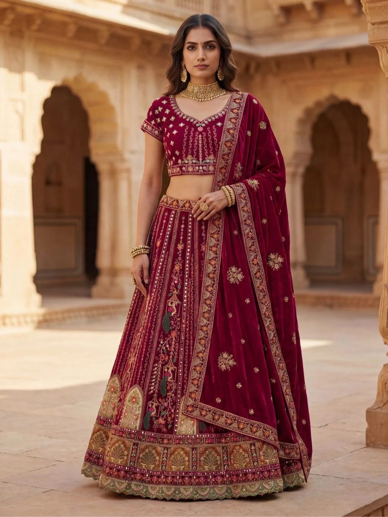 Durable Velvet Bridal Lehenga with Zari and Mirror Work for Wedding Wear embroidery close-up