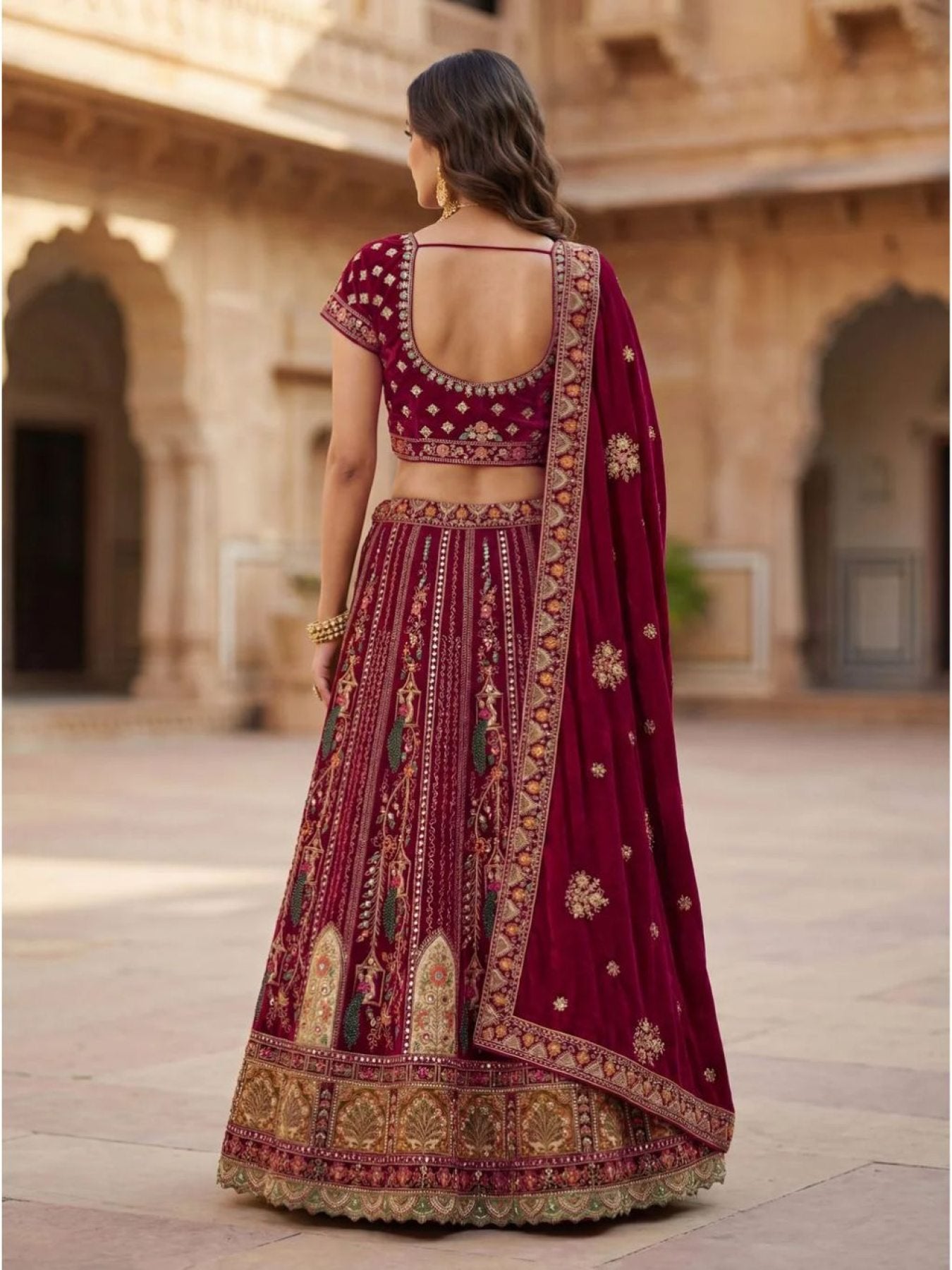 Durable Velvet Bridal Lehenga with Zari and Mirror Work for Wedding Wear fabric texture detail