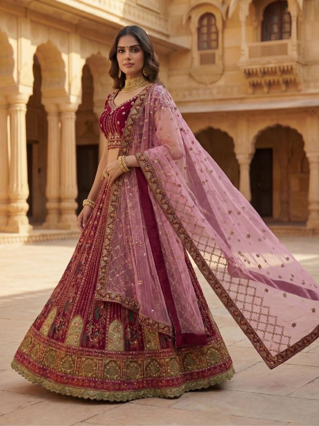 Durable Velvet Bridal Lehenga with Zari and Mirror Work for Wedding Wear back view