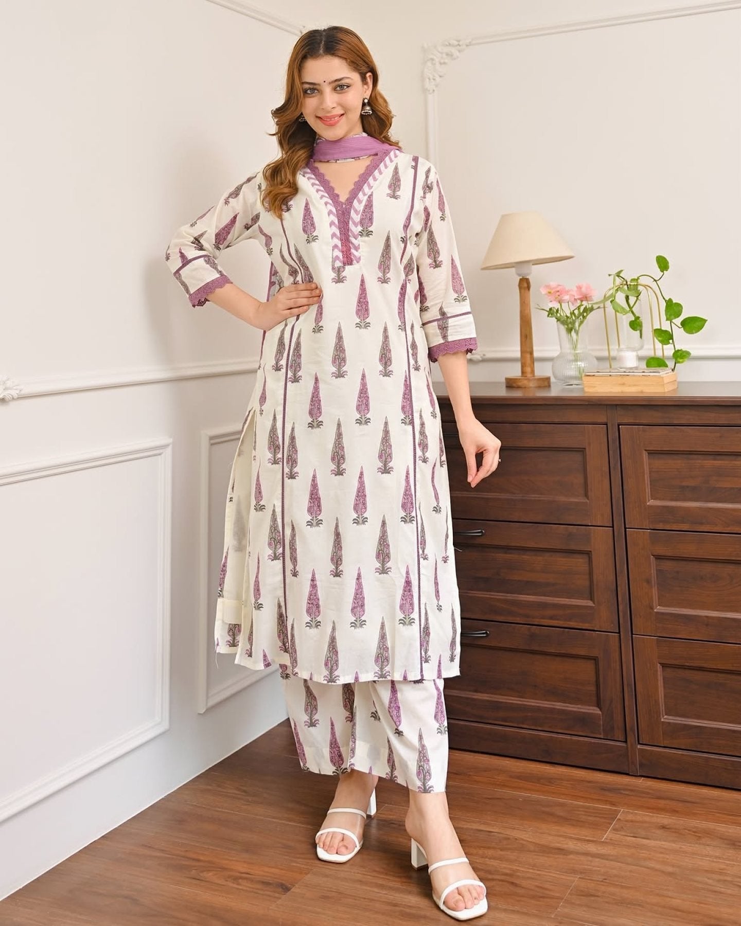 Purple Kurti Set Neckline Pattern for Office wear full set view