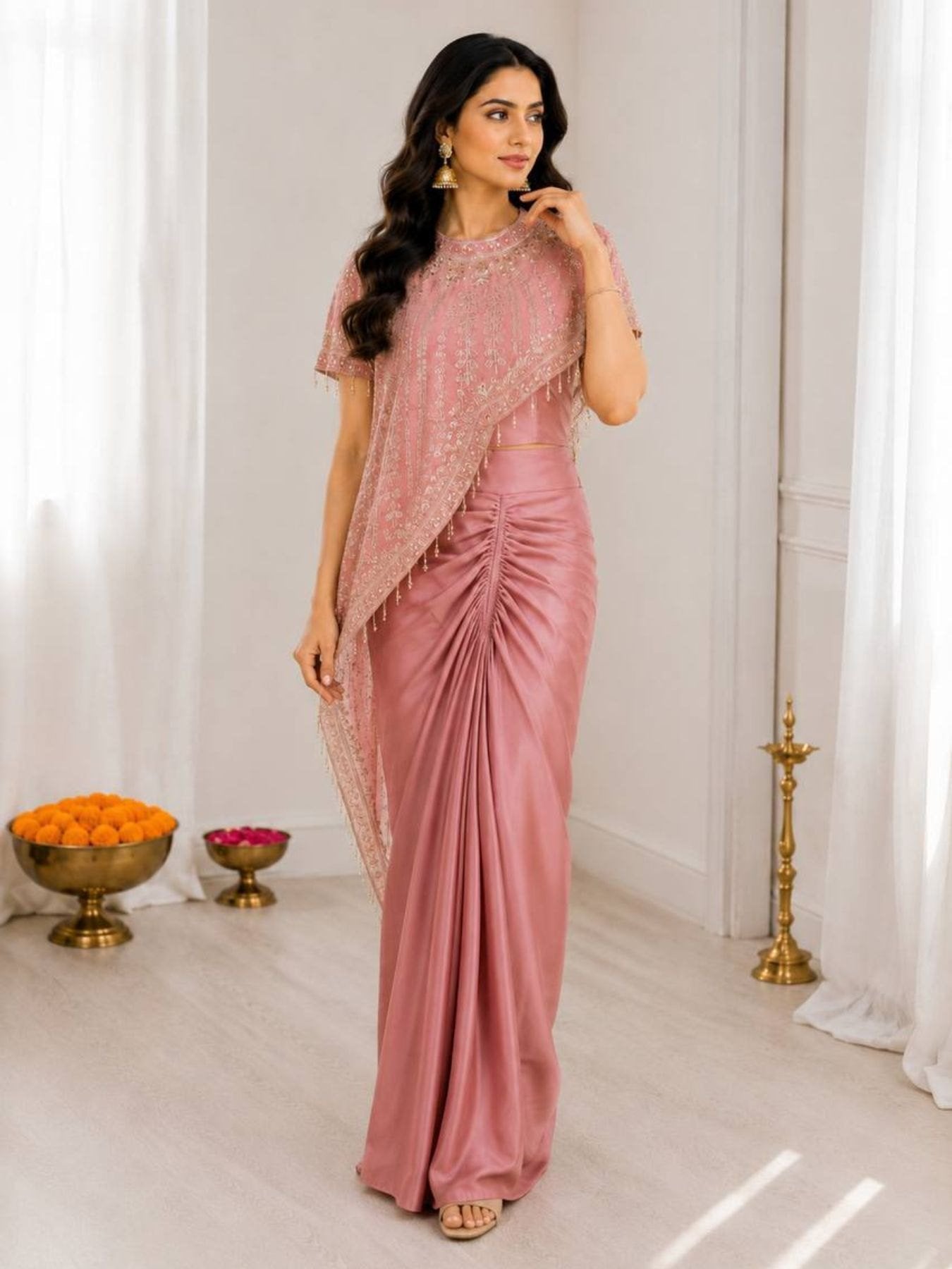 Peach Crepe Saree for women - full front view | Snyvia