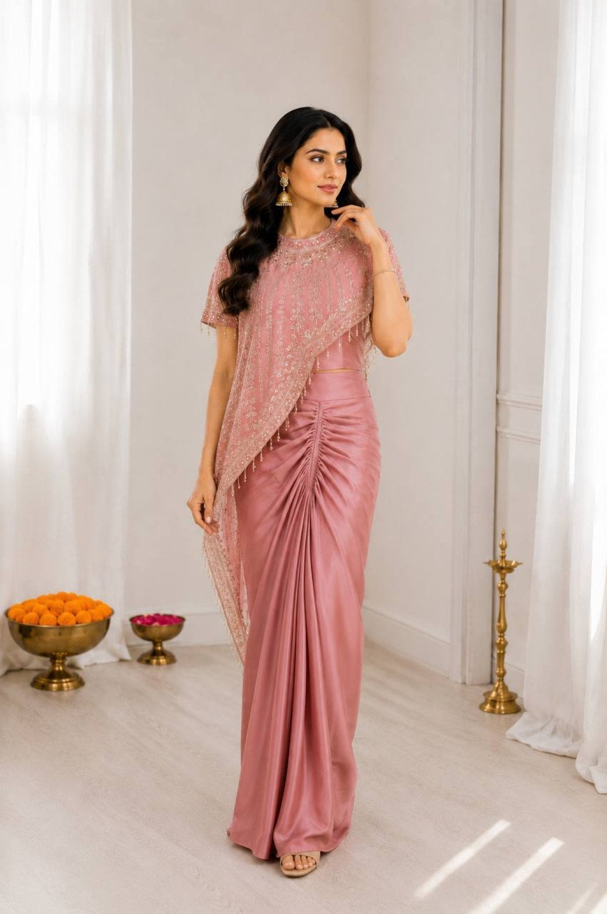 Peach Crepe Saree - side drape view