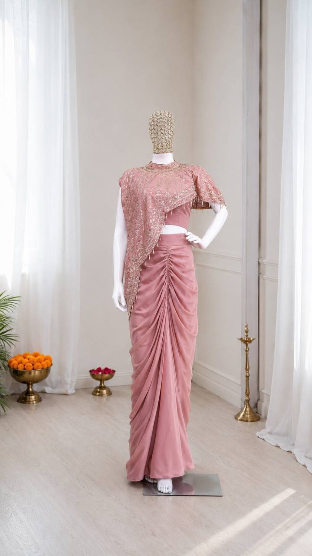 Peach Crepe Saree - fabric texture close-up