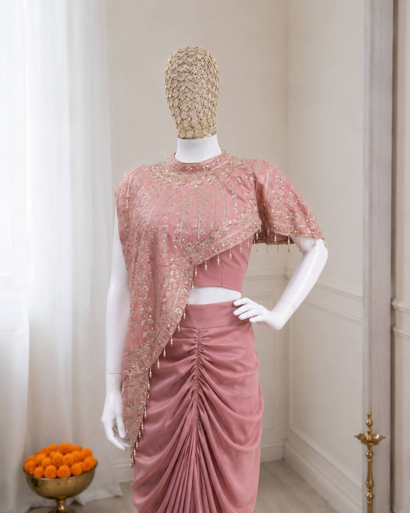 Peach Crepe Saree - Sequins embroidery work detail