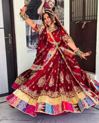 Red Digital Print Lehenga with Mirror Work and Gota Patti Detailing embroidery close-up