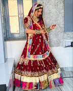 Red Digital Print Lehenga with Mirror Work and Gota Patti Detailing fabric texture detail