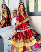 Red Digital Print Lehenga with Mirror Work and Gota Patti Detailing back view