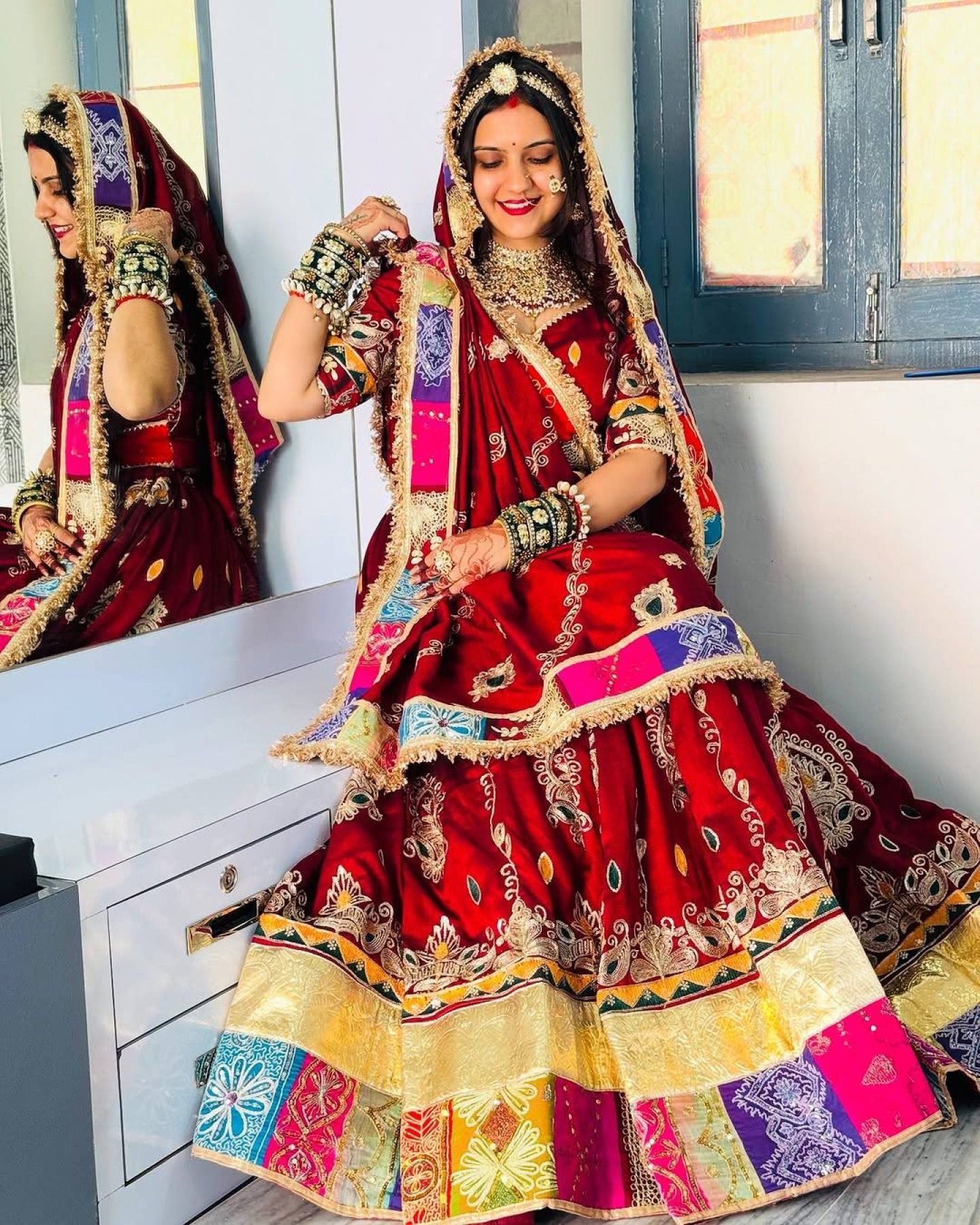 Red Digital Print Lehenga with Mirror Work and Gota Patti Detailing back view