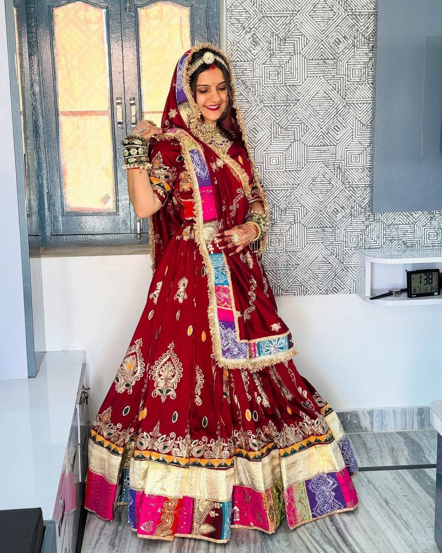 Red Digital Print Lehenga with Mirror Work and Gota Patti Detailing styling view