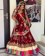 Red Digital Print Lehenga with Mirror Work and Gota Patti Detailing front view