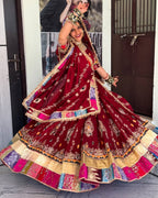 Red Digital Print Lehenga with Mirror Work and Gota Patti Detailing full drape view