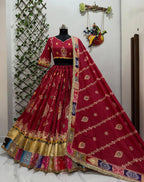 Red Digital Print Lehenga with Mirror Work and Gota Patti Detailing blouse and dupatta detail