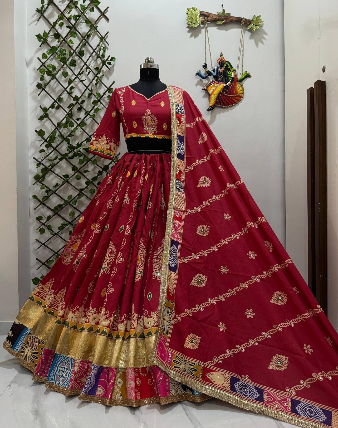 Red Digital Print Lehenga with Mirror Work and Gota Patti Detailing blouse and dupatta detail