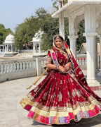 Red Digital Print Lehenga with Mirror Work and Gota Patti Detailing blouse and dupatta detail