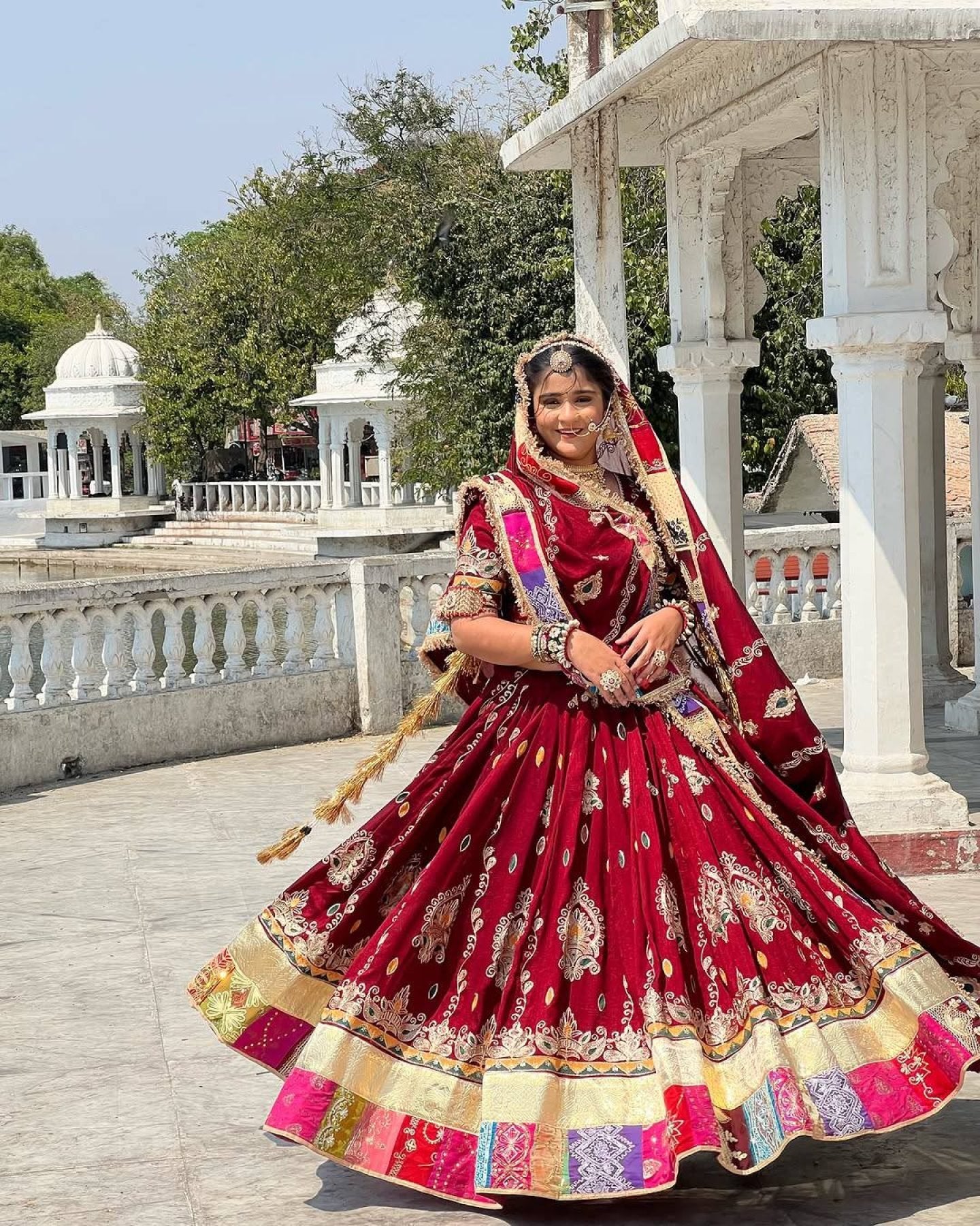 Red Digital Print Lehenga with Mirror Work and Gota Patti Detailing blouse and dupatta detail