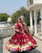 Red Digital Print Lehenga with Mirror Work and Gota Patti Detailing embroidery close-up