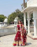 Red Digital Print Lehenga with Mirror Work and Gota Patti Detailing back view