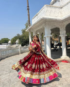 Red Digital Print Lehenga with Mirror Work and Gota Patti Detailing front view