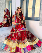 Red Digital Print Lehenga with Mirror Work and Gota Patti Detailing full drape view