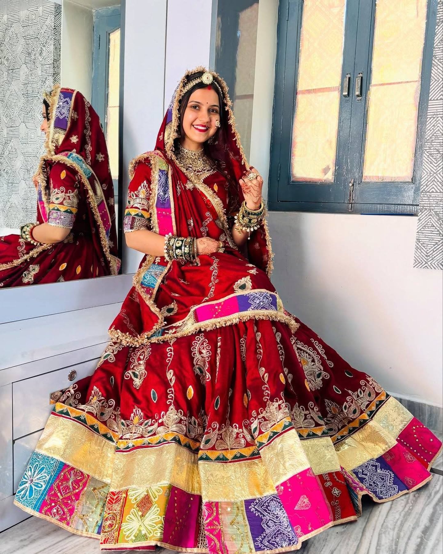Red Digital Print Lehenga with Mirror Work and Gota Patti Detailing full drape view