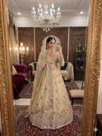 Cream Rangoli Silk Lehenga with Heavy Sequins Embroidery and Dupatta full drape view