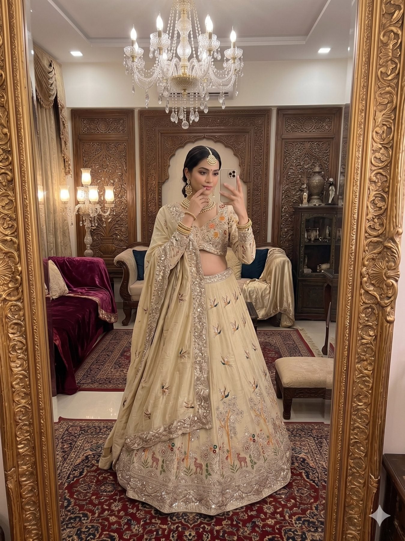 Cream Rangoli Silk Lehenga with Heavy Sequins Embroidery and Dupatta full drape view