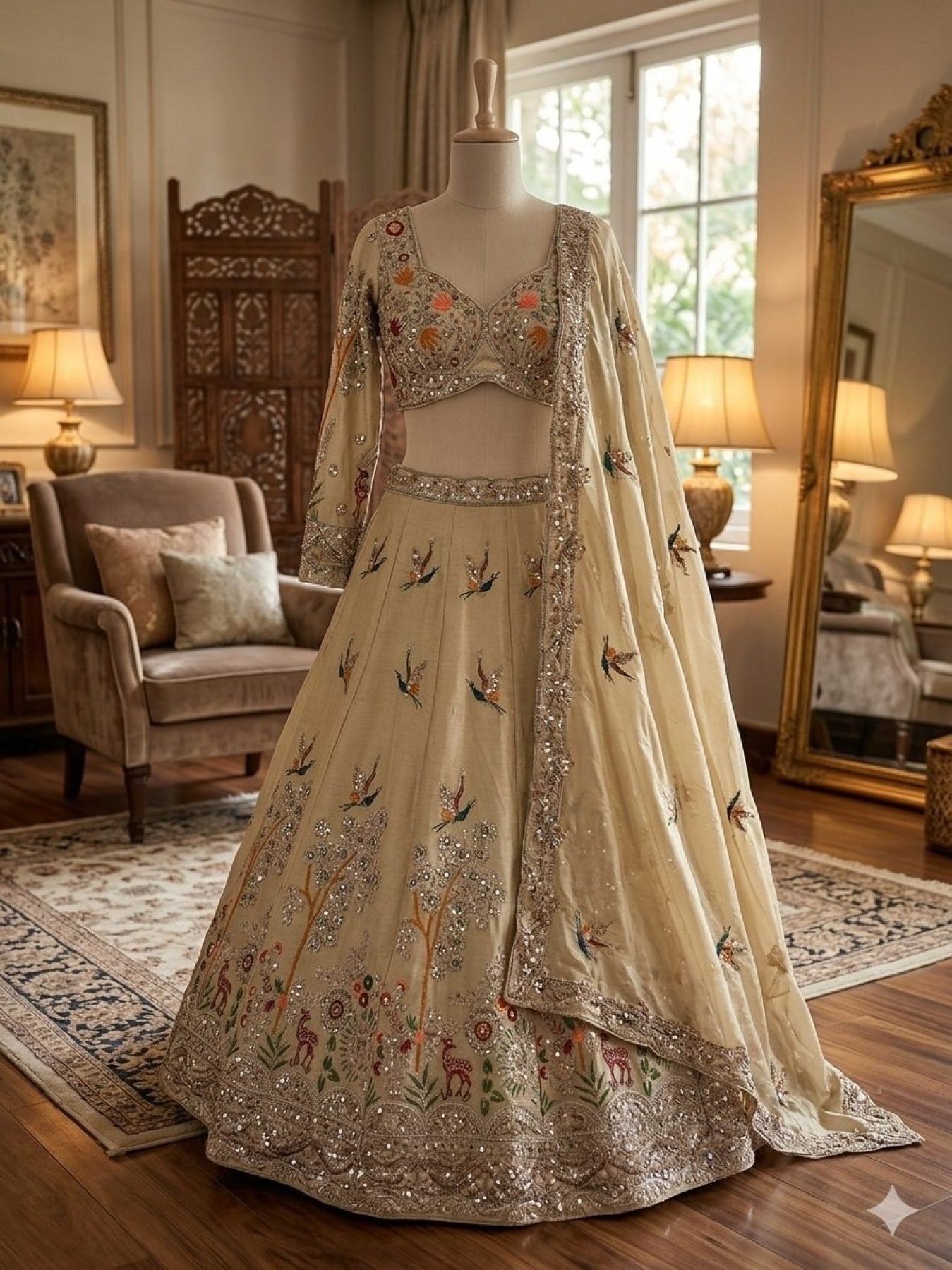 Cream Rangoli Silk Lehenga with Heavy Sequins Embroidery and Dupatta detailed view