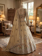 Cream Rangoli Silk Lehenga with Heavy Sequins Embroidery and Dupatta back view