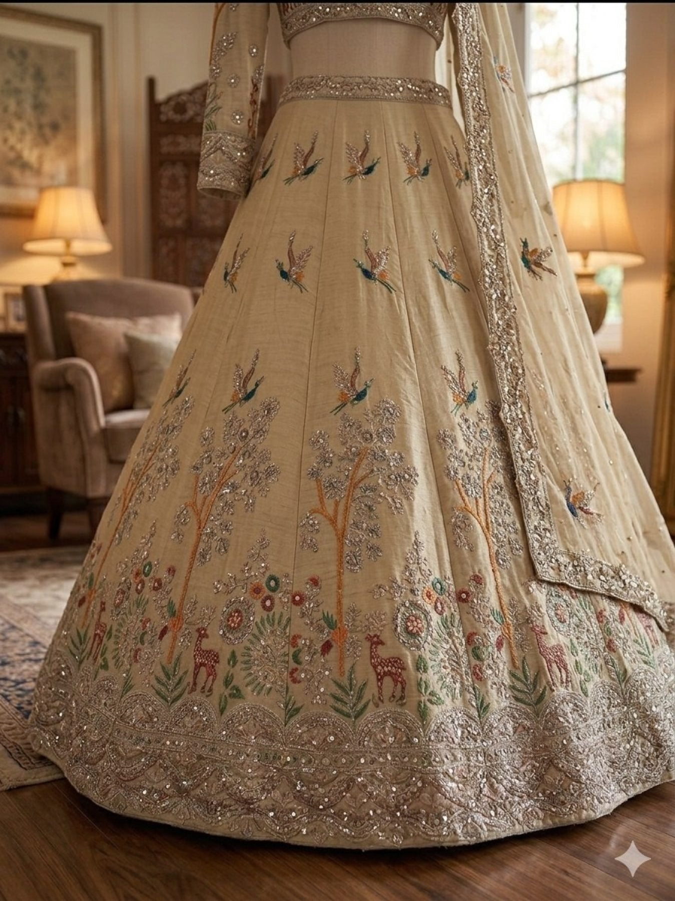 Cream Rangoli Silk Lehenga with Heavy Sequins Embroidery and Dupatta styling view