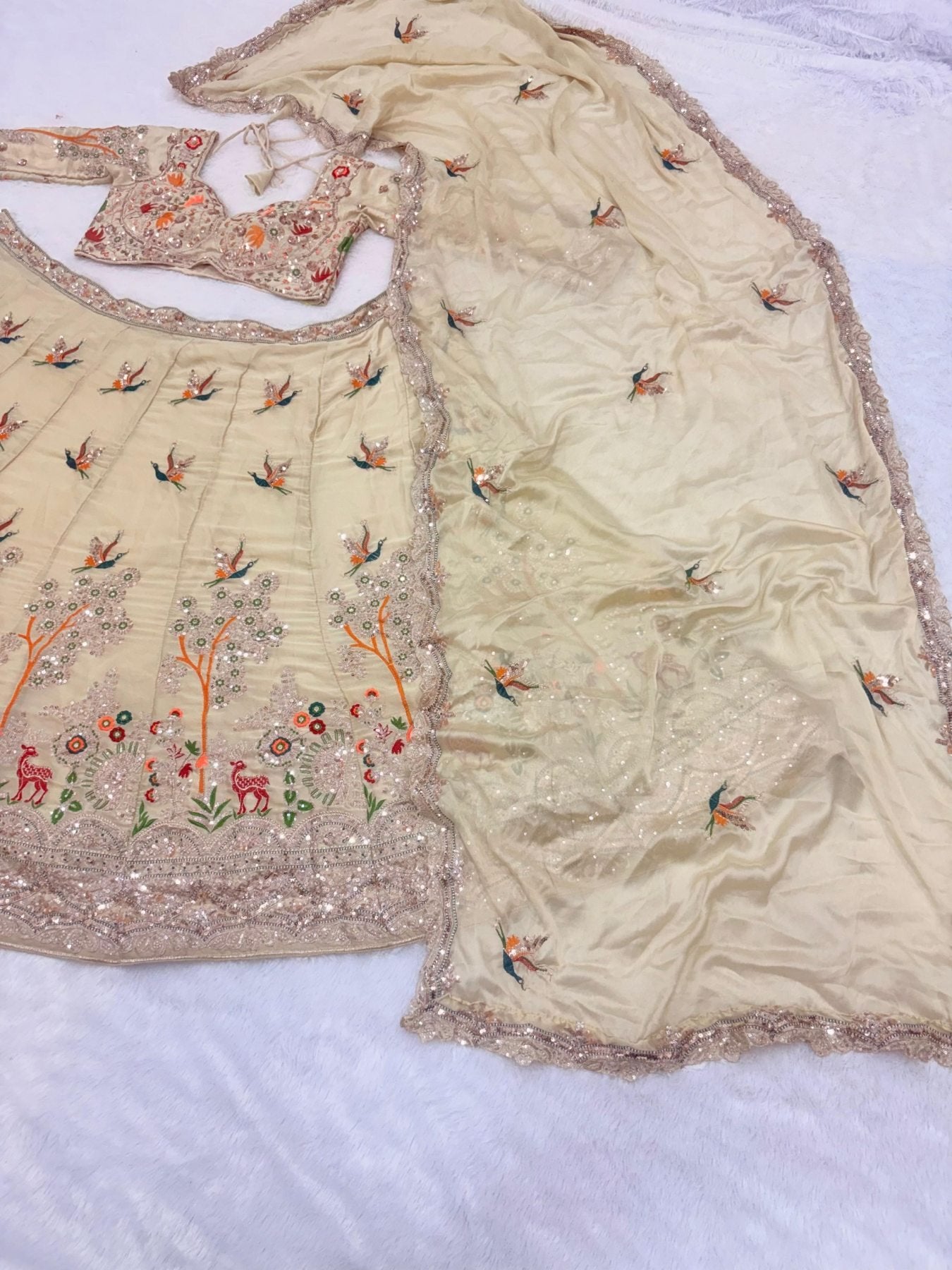 Cream Rangoli Silk Lehenga with Heavy Sequins Embroidery and Dupatta full drape view