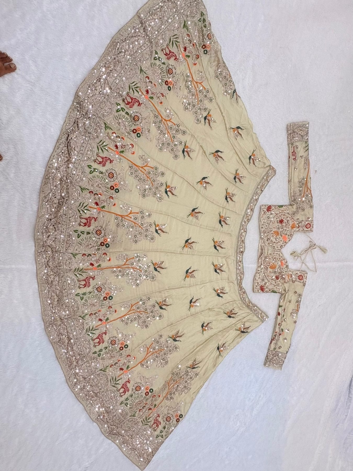 Cream Rangoli Silk Lehenga with Heavy Sequins Embroidery and Dupatta blouse and dupatta detail