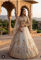 Cream Rangoli Silk Lehenga with Heavy Sequins Embroidery and Dupatta full drape view