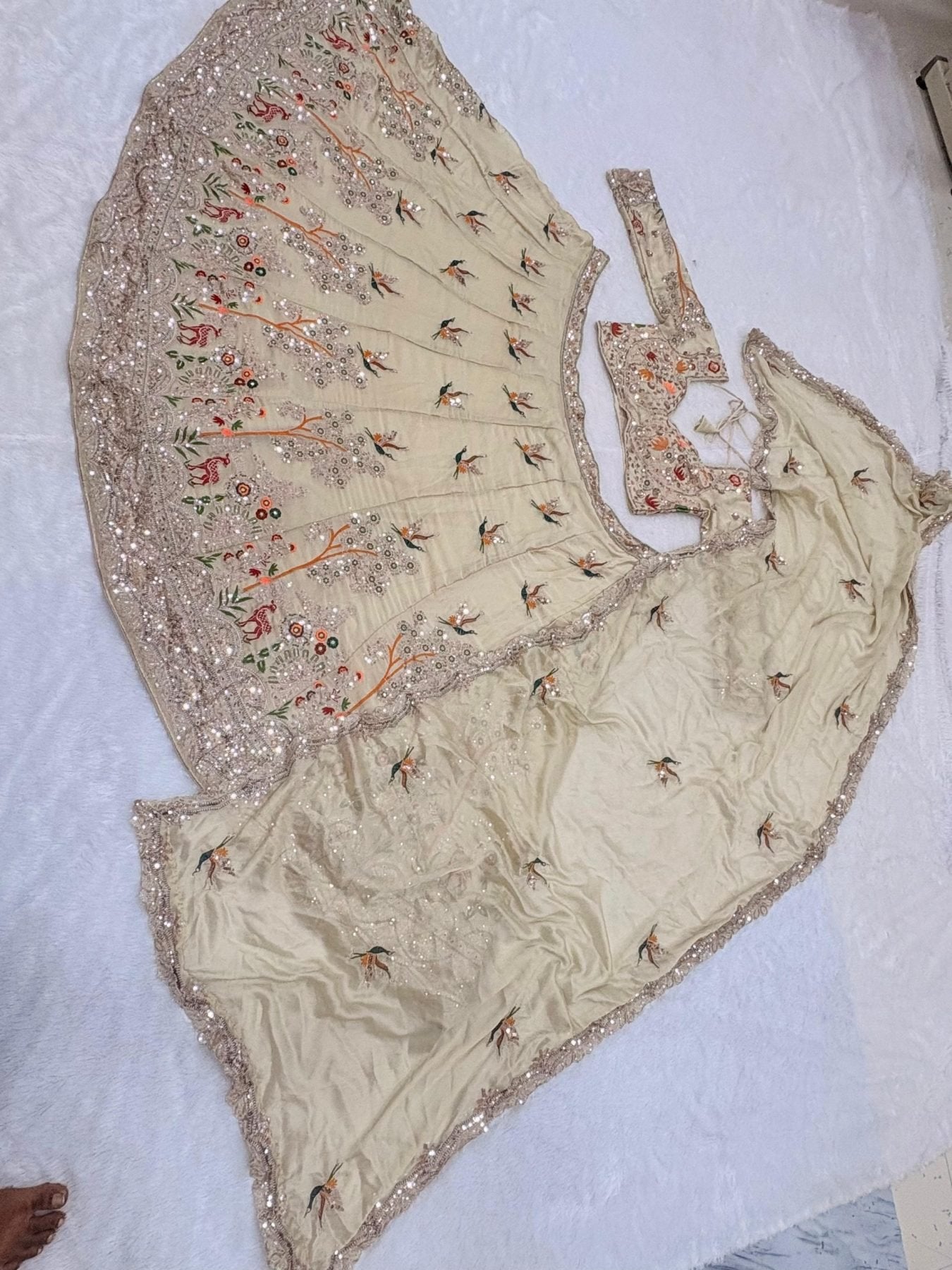 Cream Rangoli Silk Lehenga with Heavy Sequins Embroidery and Dupatta detailed view