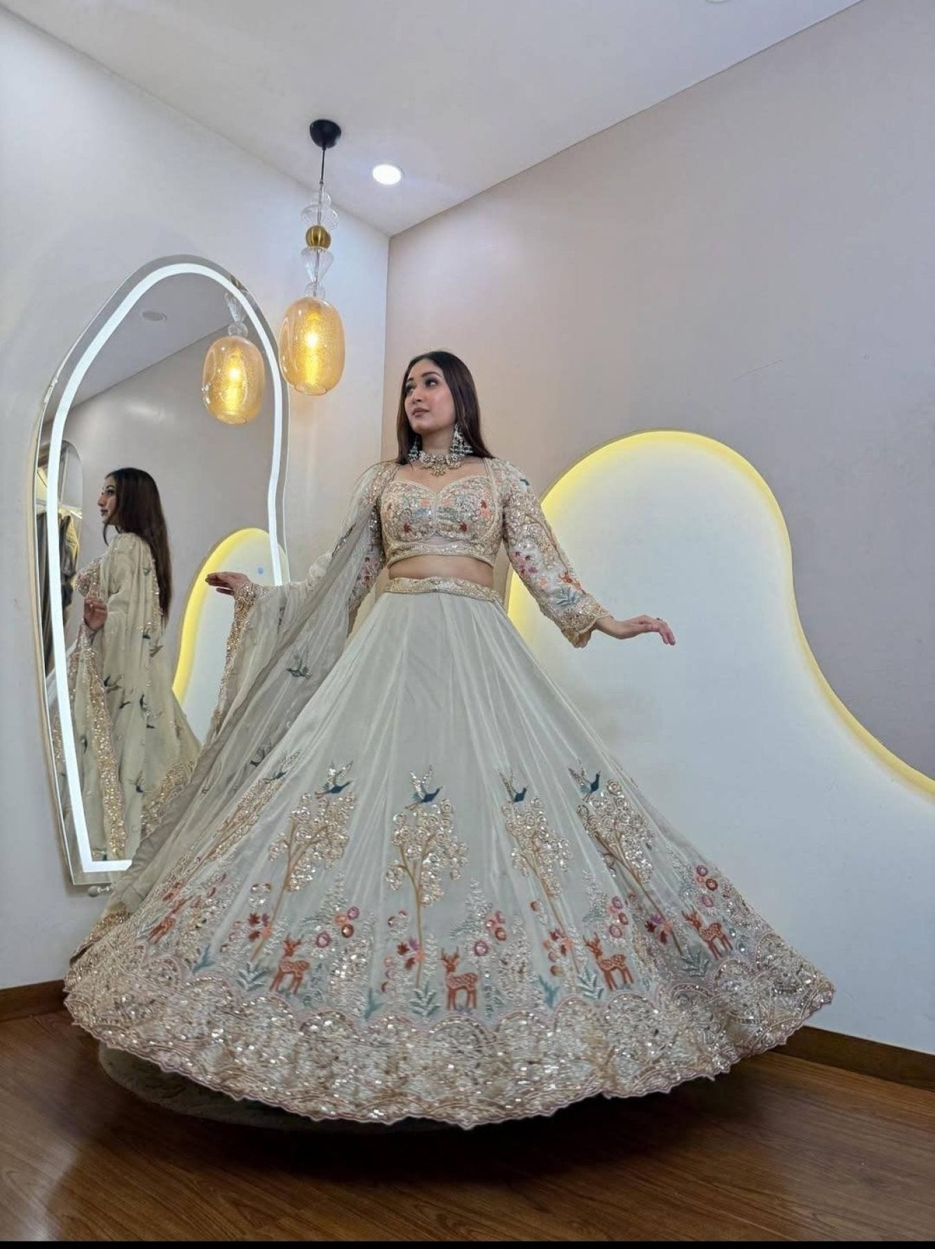 Cream Rangoli Silk Lehenga with Heavy Sequins Embroidery and Dupatta blouse and dupatta detail