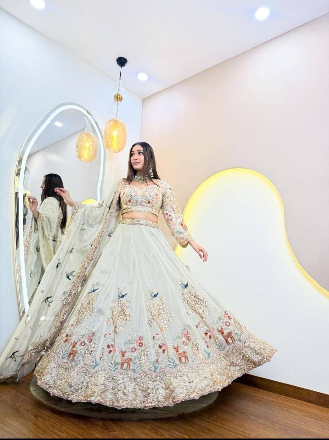 Cream Rangoli Silk Lehenga with Heavy Sequins Embroidery and Dupatta detailed view