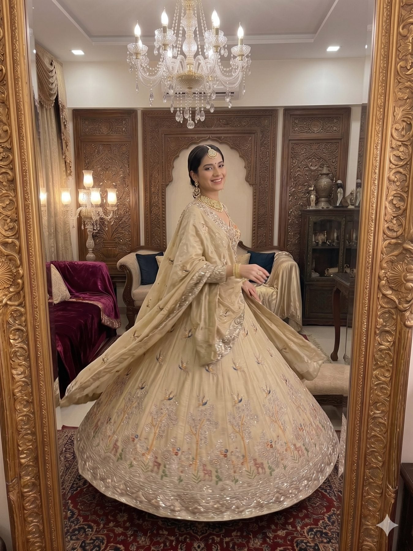 Cream Rangoli Silk Lehenga with Heavy Sequins Embroidery and Dupatta back view
