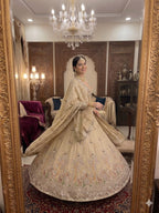 Cream Rangoli Silk Lehenga with Heavy Sequins Embroidery and Dupatta front view