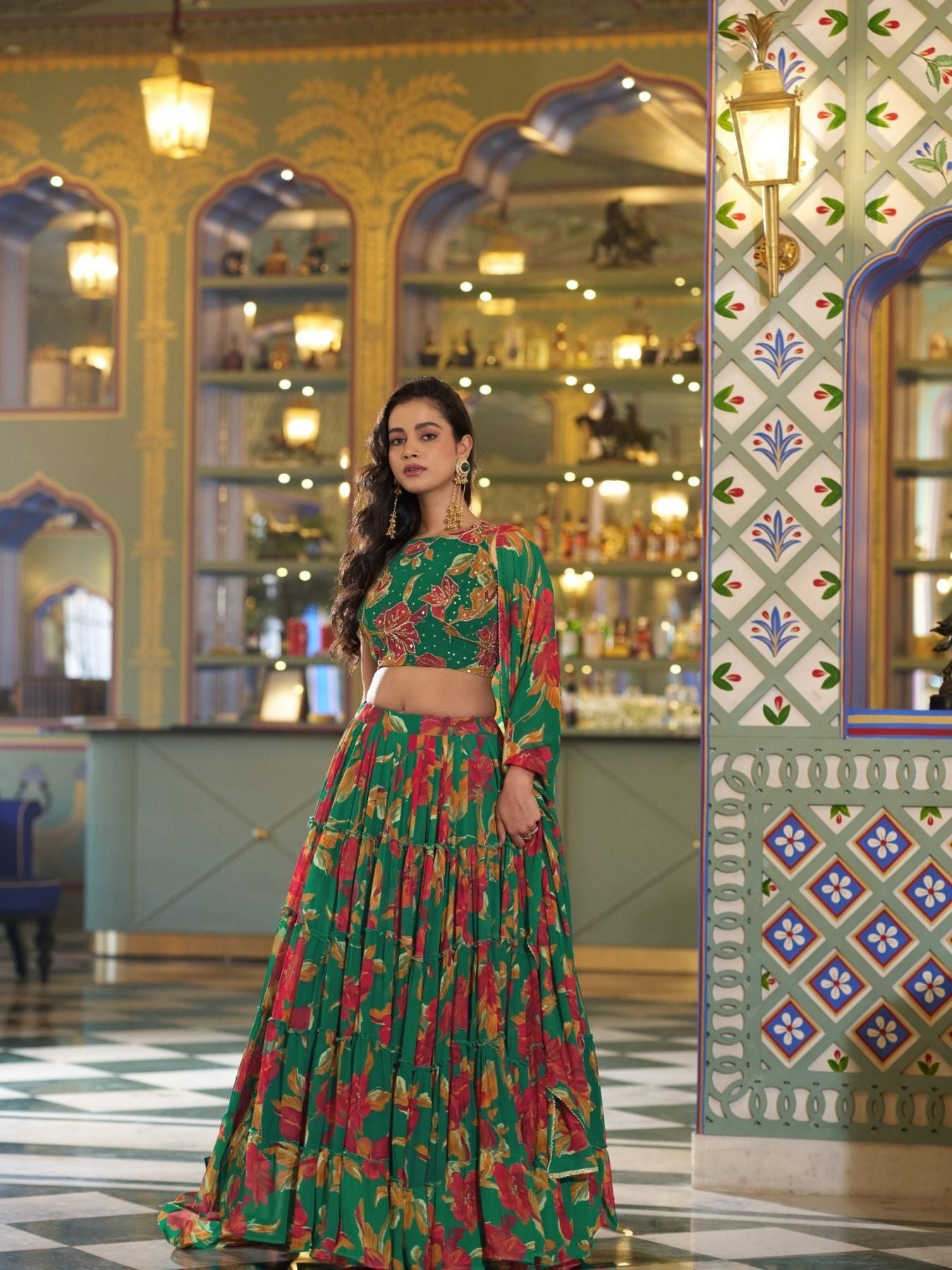 Floral Printed Marble Lehenga Choli with Lace Border Dupatta back view