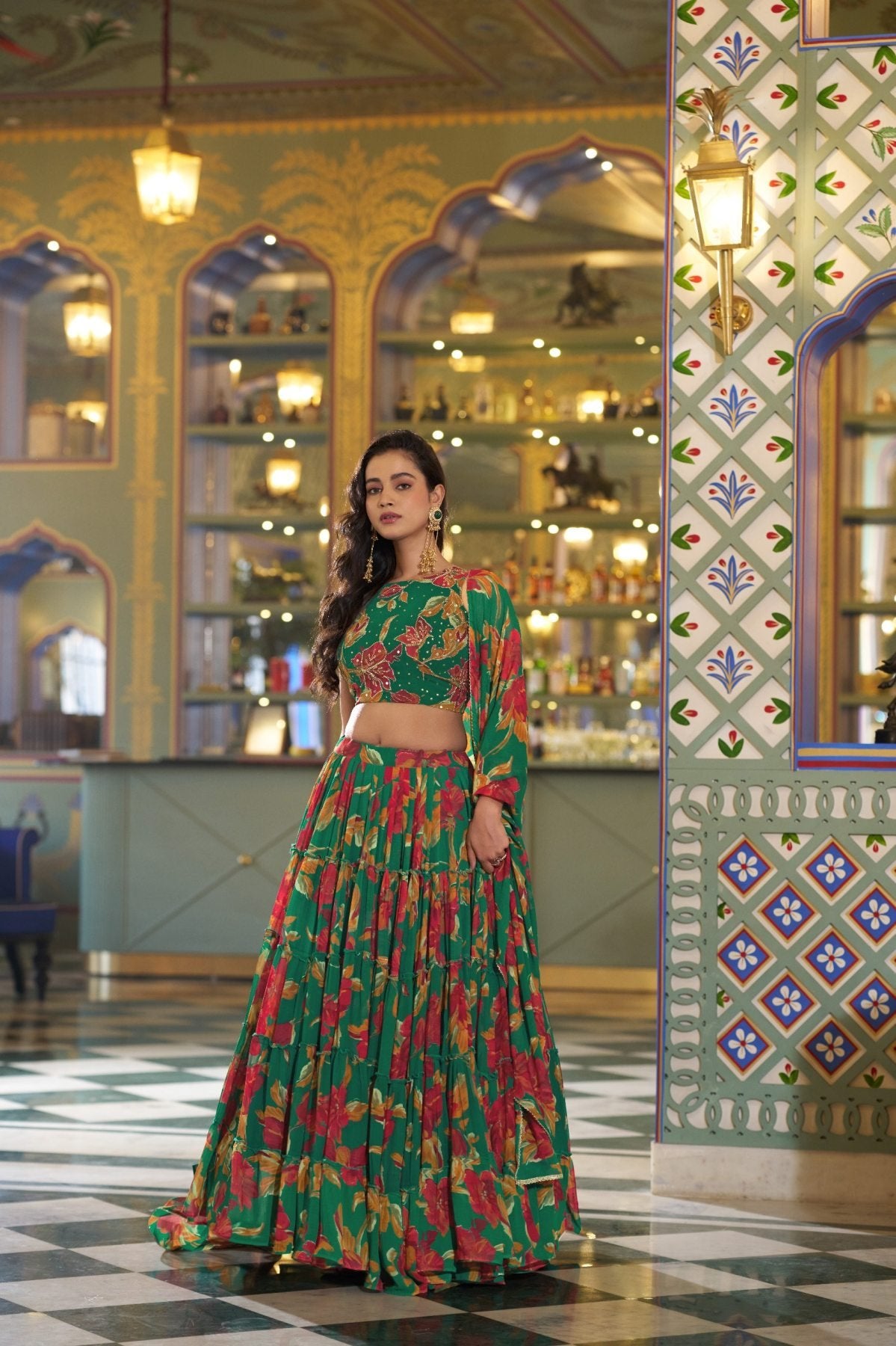 Floral Printed Marble Lehenga Choli with Lace Border Dupatta colour variant view