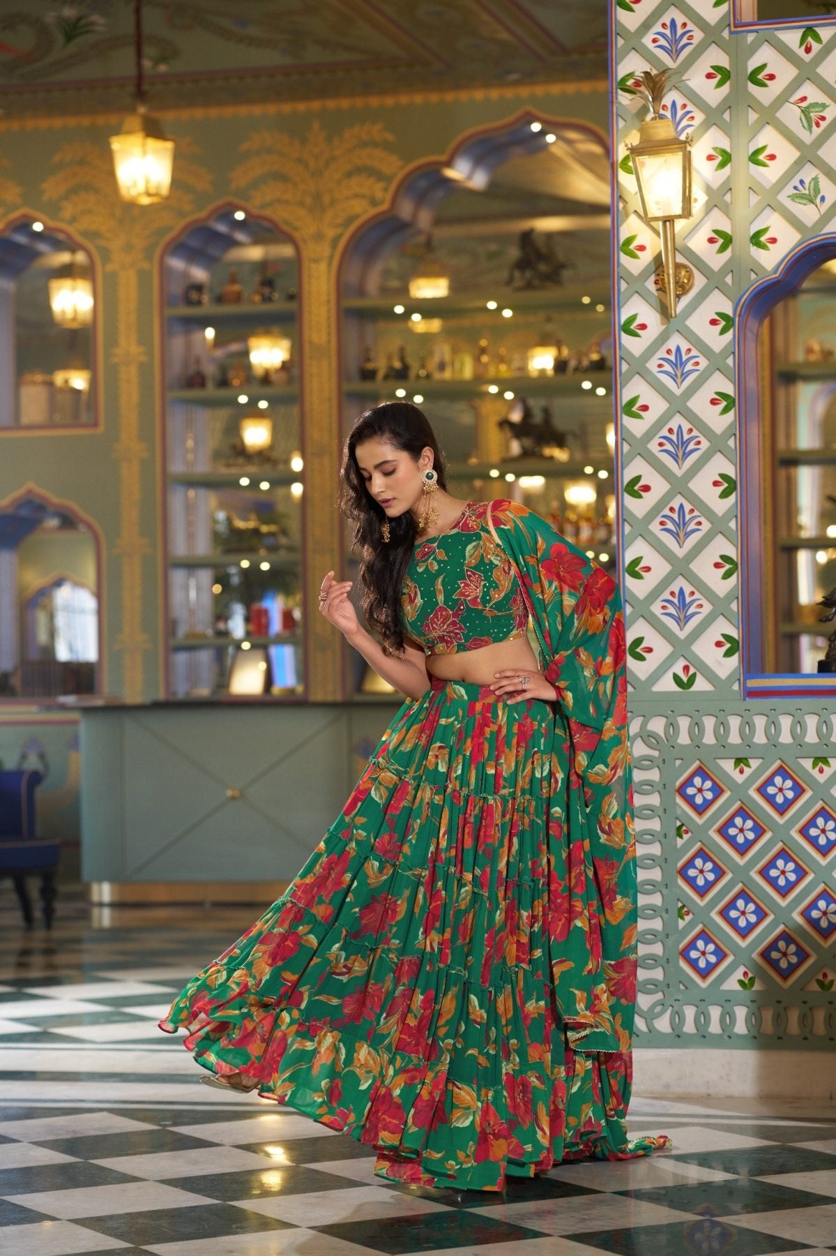 Floral Printed Marble Lehenga Choli with Lace Border Dupatta front view