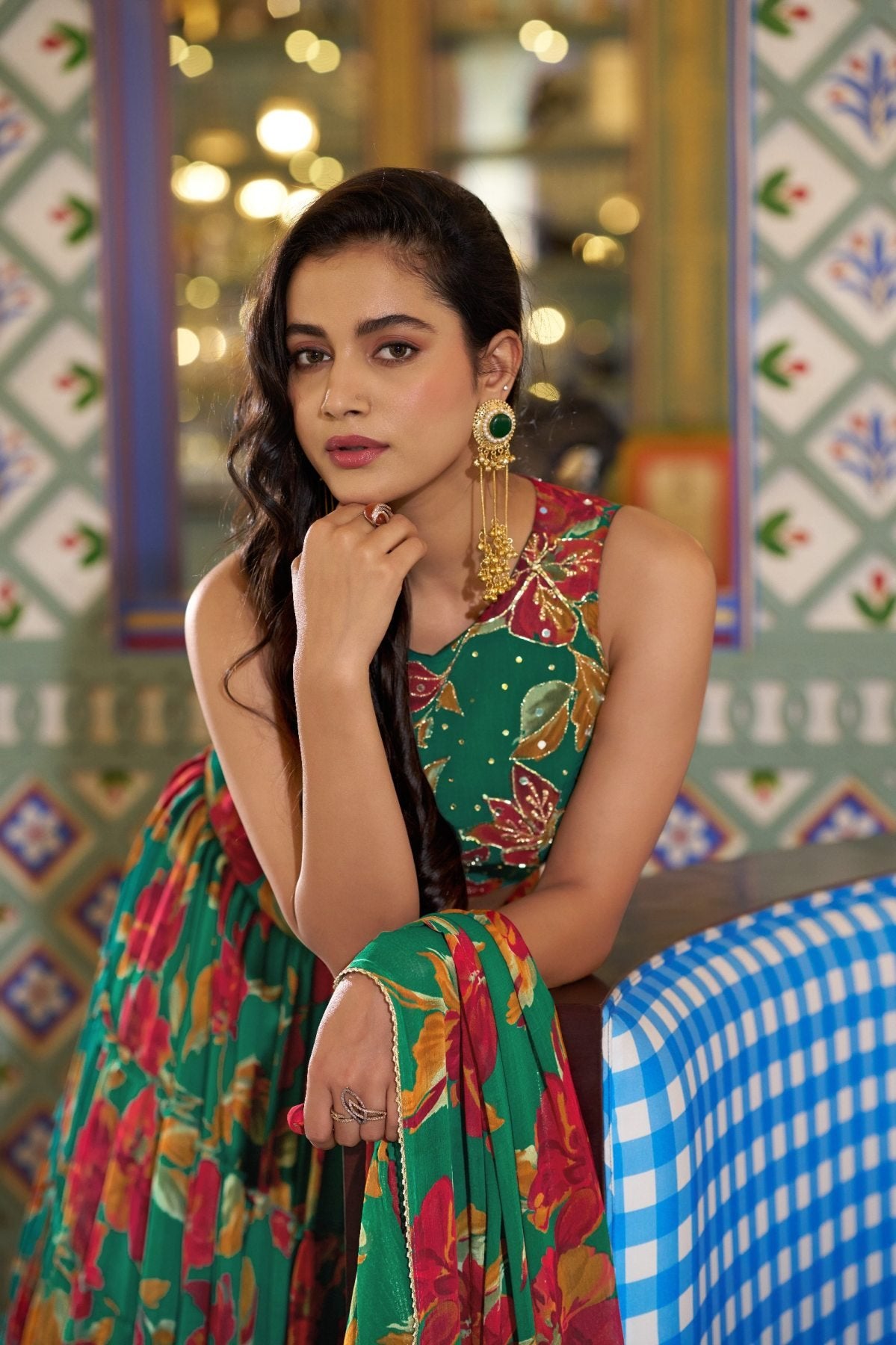 Floral Printed Marble Lehenga Choli with Lace Border Dupatta full drape view