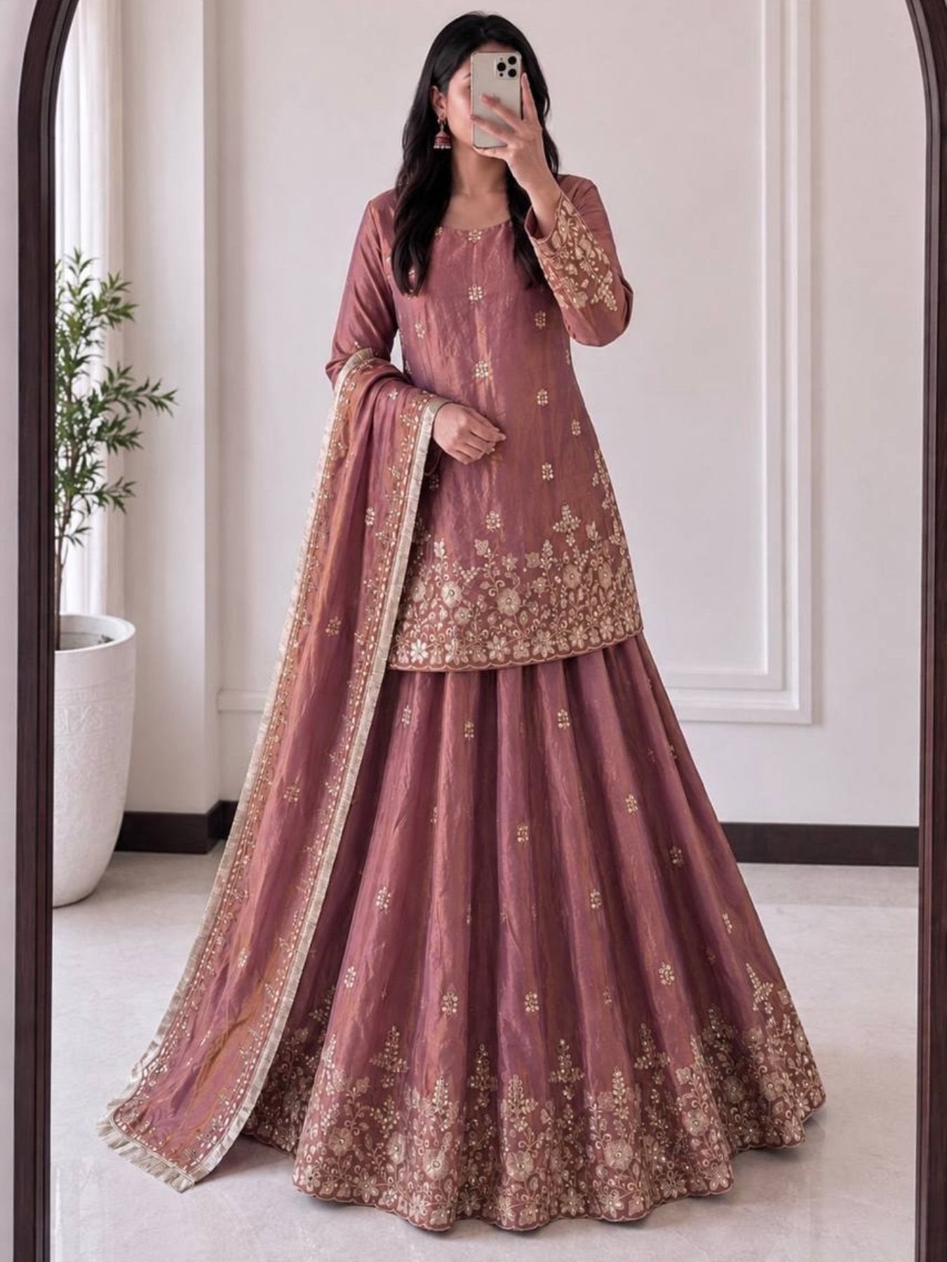 Embroidered Fandy Silk Outfit for Festive Wear Lehenga embroidery close-up