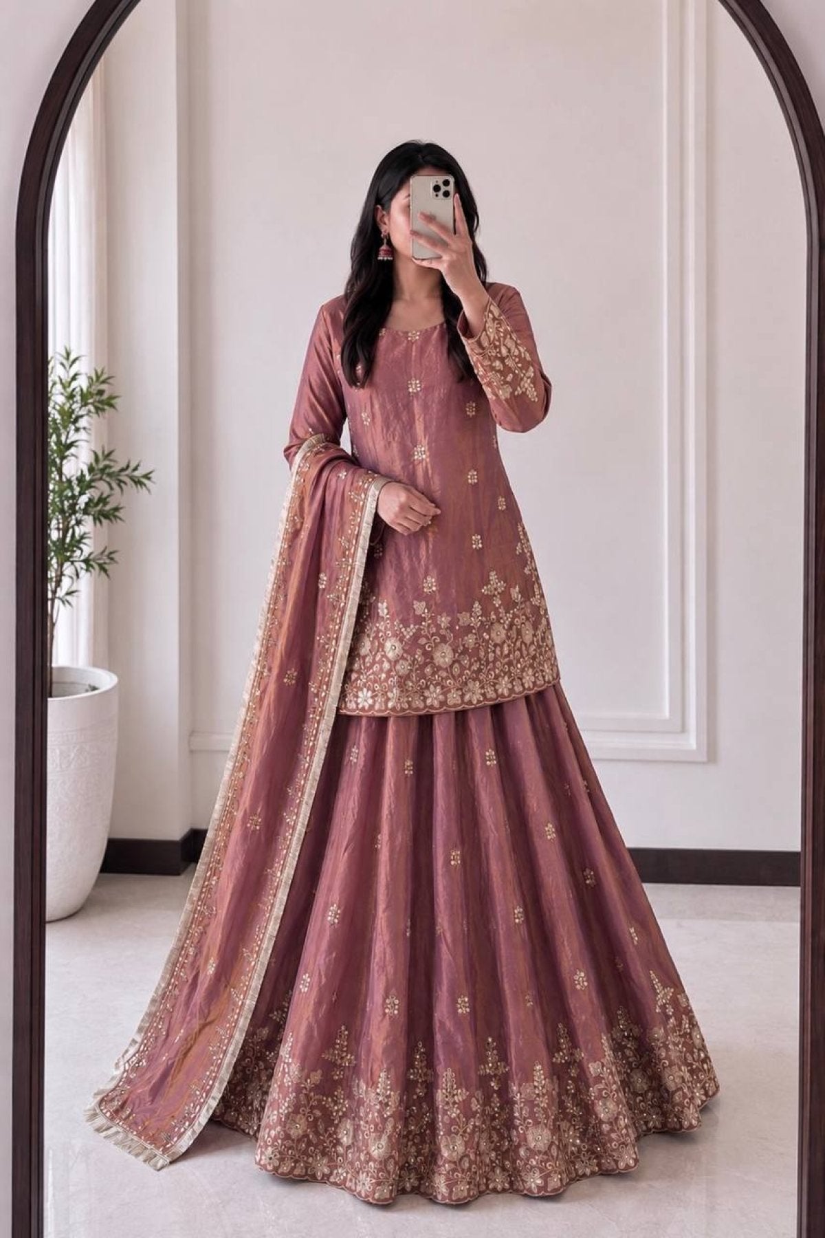 Embroidered Fandy Silk Outfit for Festive Wear Lehenga back view