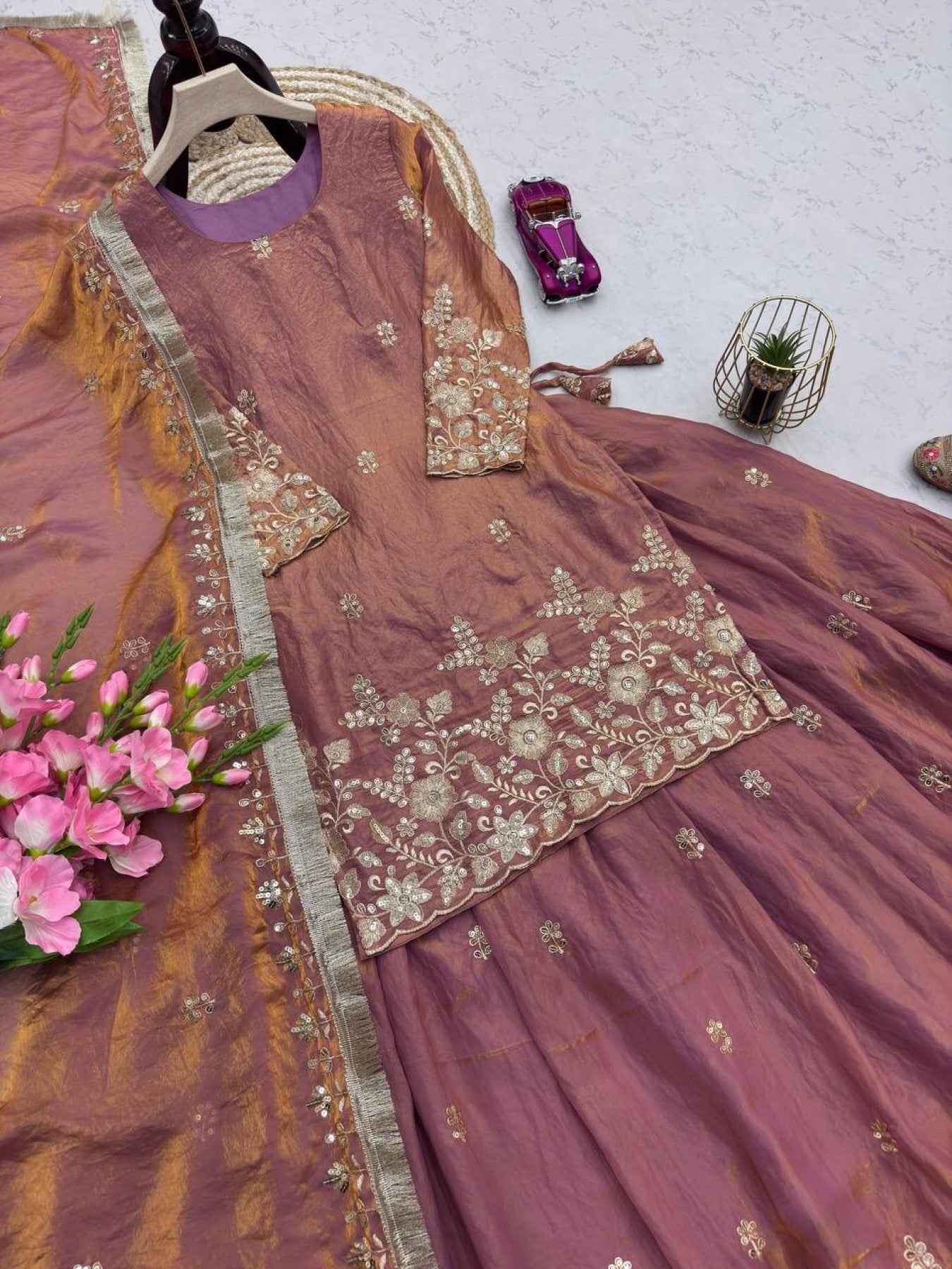 Embroidered Fandy Silk Outfit for Festive Wear Lehenga blouse and dupatta detail