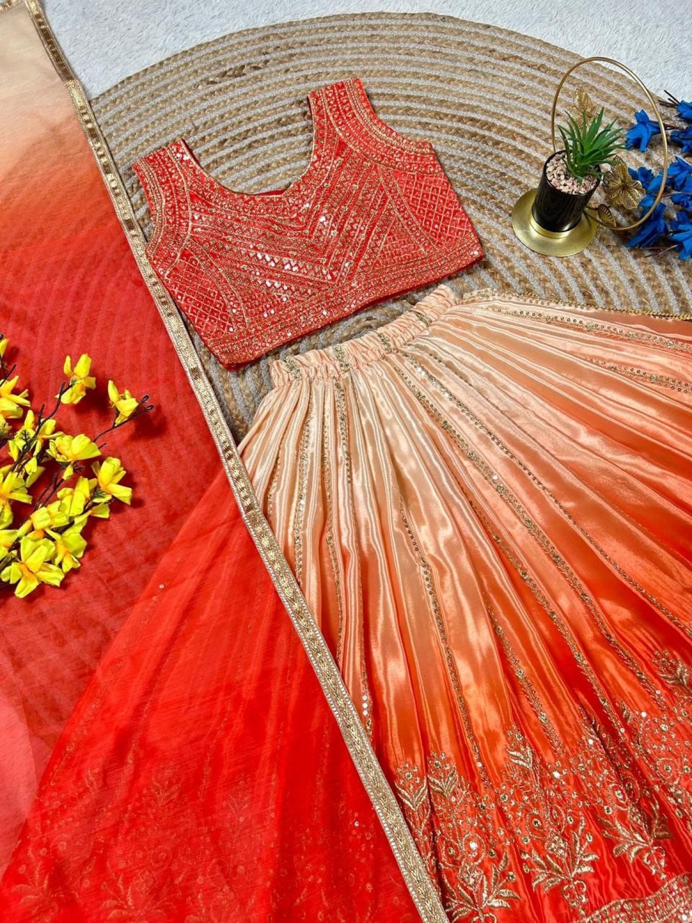 Chinon Silk Lehenga Choli with Sequins Work for Party Wear blouse and dupatta detail