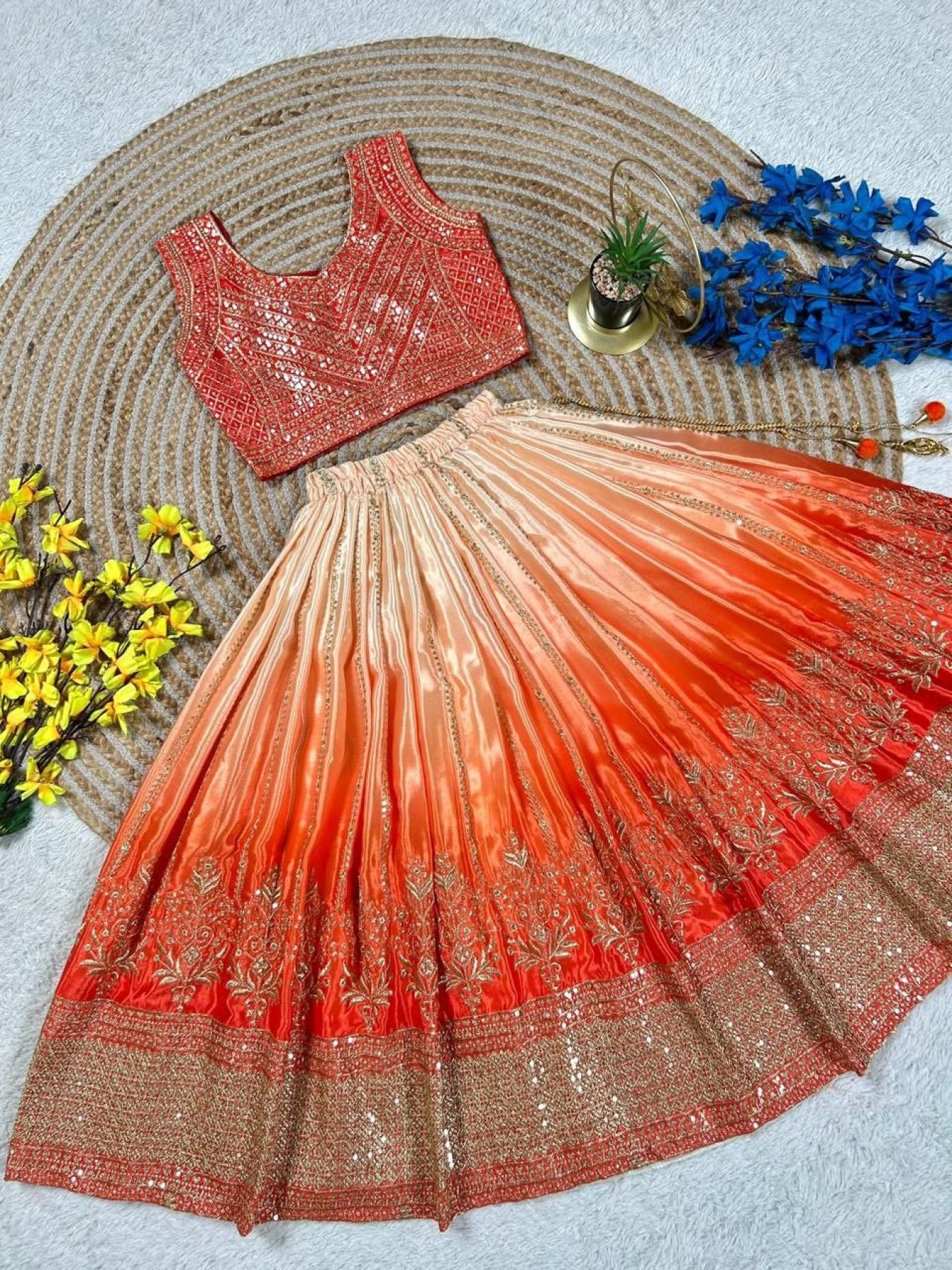 Chinon Silk Lehenga Choli with Sequins Work for Party Wear embroidery close-up