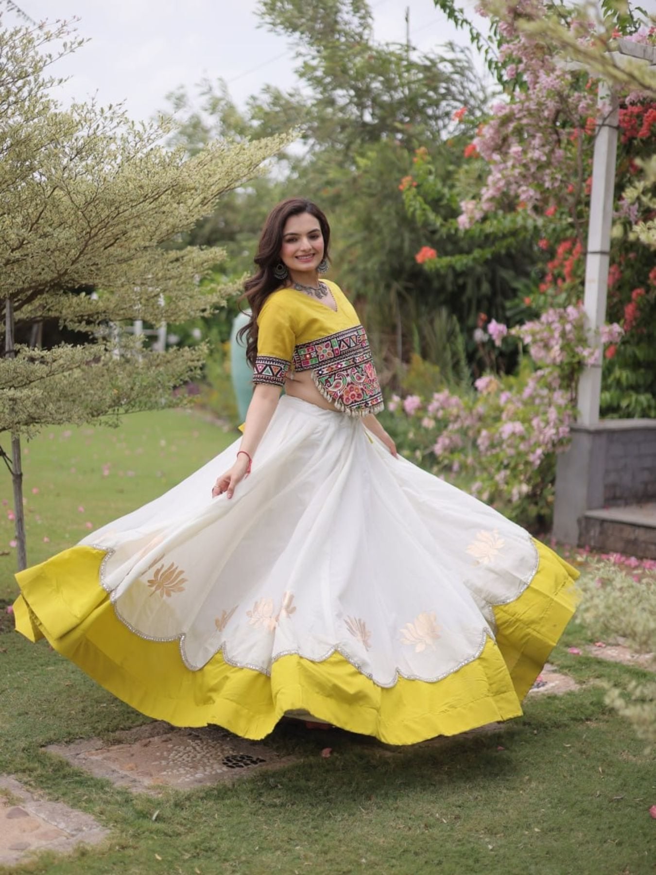 Roman Fabric Navratri Lehenga Choli with Kutchi Gamthi Embroidery Work back view